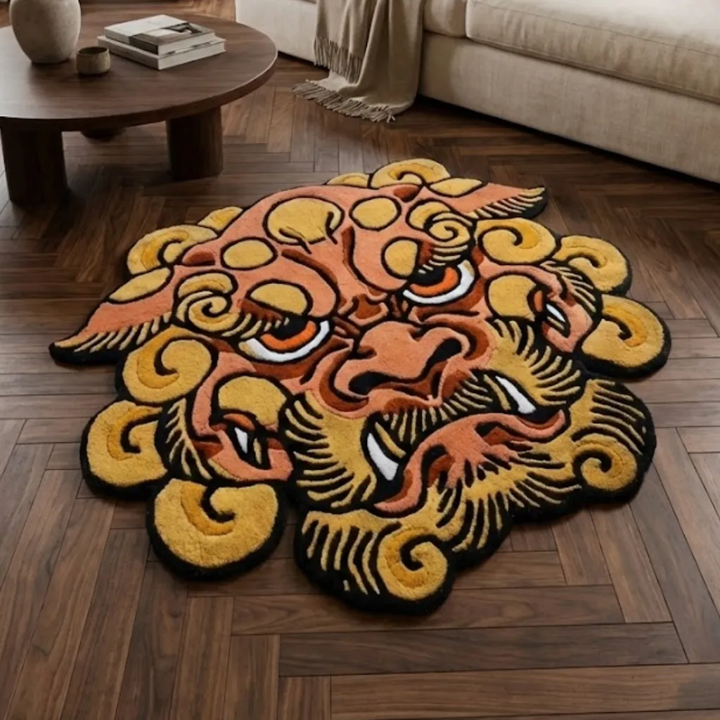 Orange Foo Dog Japanese Rug Top down view of the Orange Foo Dog rug featuring a fierce traditional lion dog face with yellow mane swirls and bold black outlines.