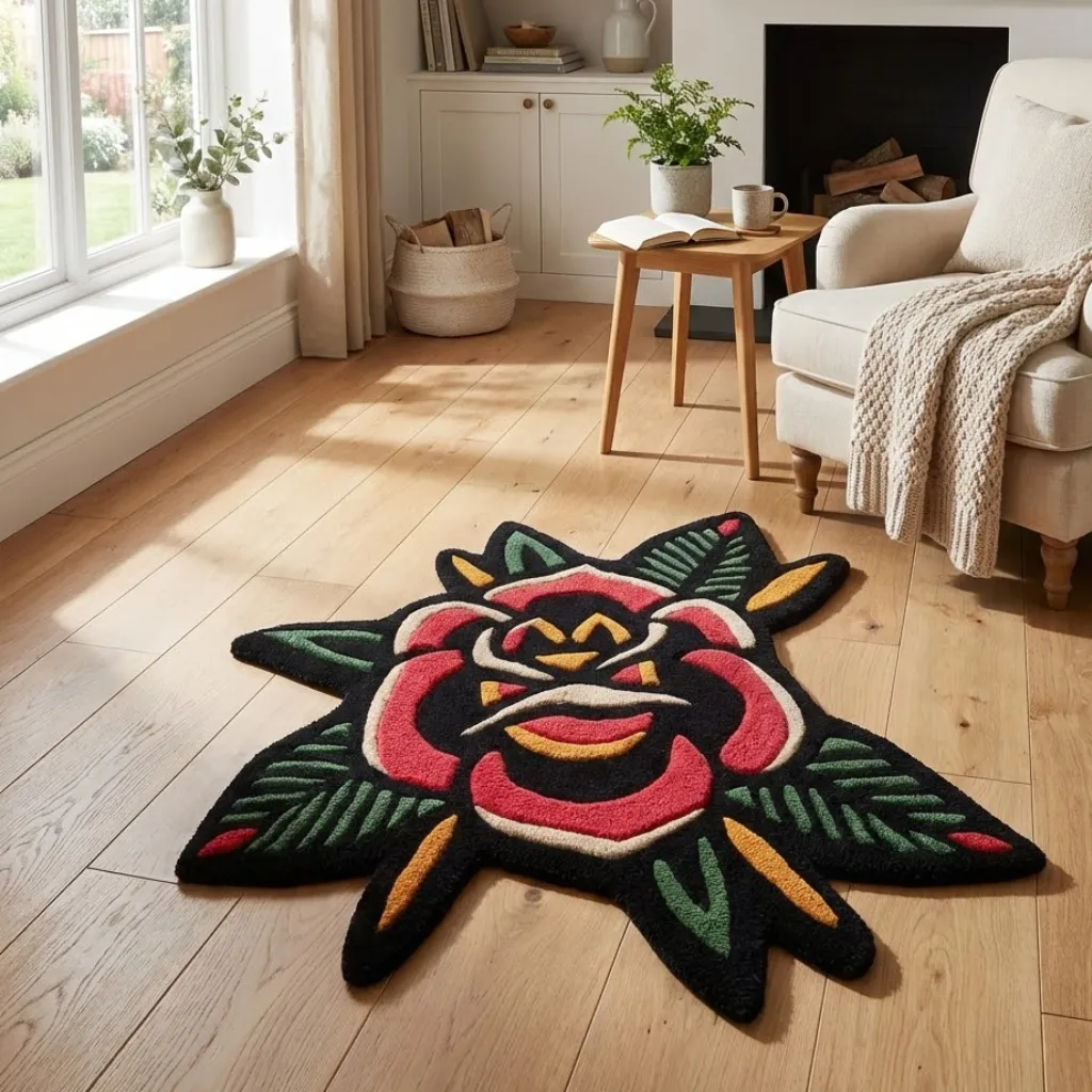 High angle view of the Rebel Scarlet Inked rug in a bright modern living room, showcasing the custom die-cut flower shape and bold black outlines of the rose design.