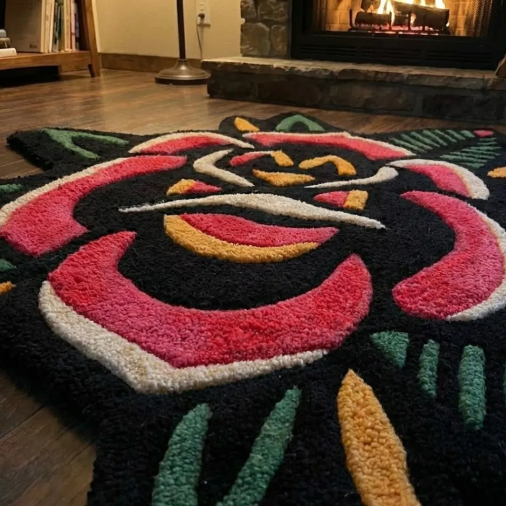 Extreme close-up of the Rebel Scarlet Inked rug, highlighting the dense hand-tufted wool pile, vibrant red and pink petals, and intricate carved texture details.