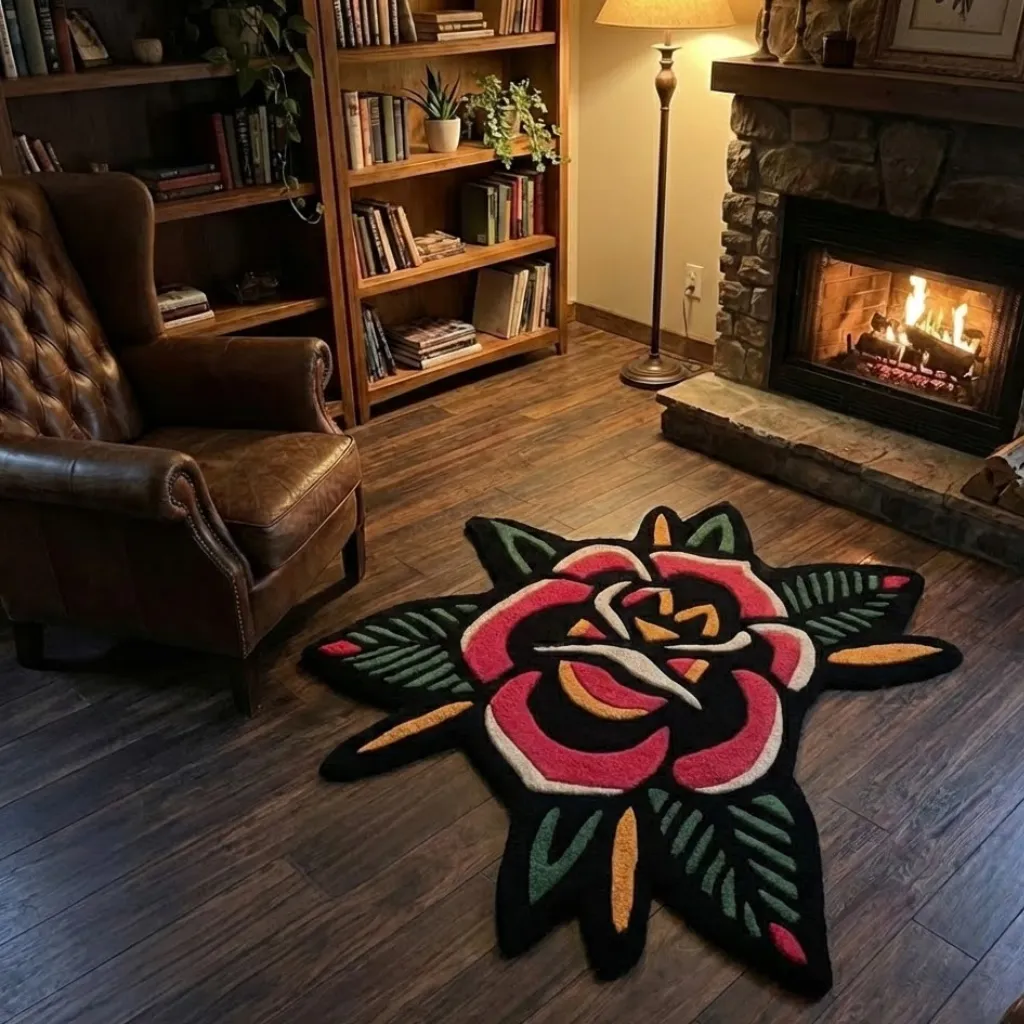 Angled view of the Rebel Scarlet Inked rug placed on a dark wood floor near a fireplace, featuring a bold traditional tattoo-style red rose design with green leaves.