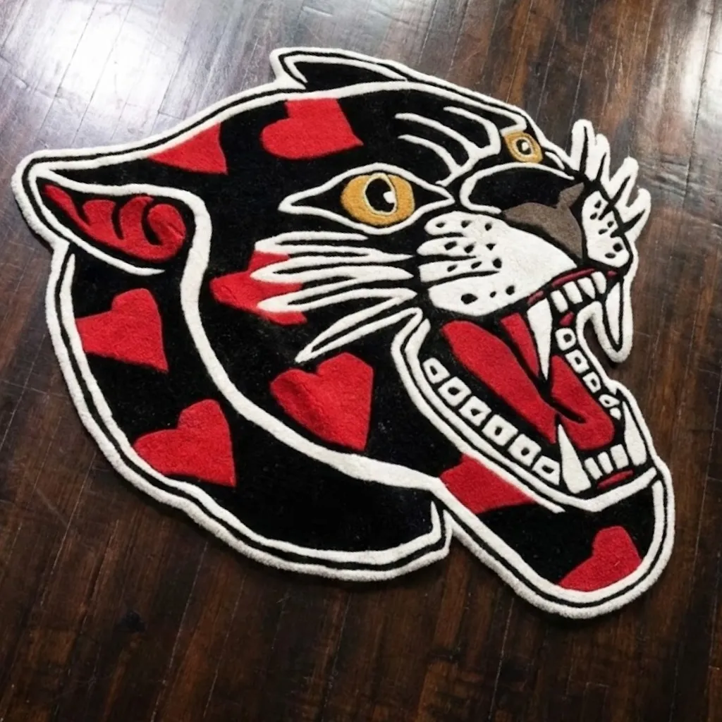 Top down view of a hand tufted rug shaped like a roaring black panther head filled with red hearts, featuring a classic American traditional tattoo aesthetic.