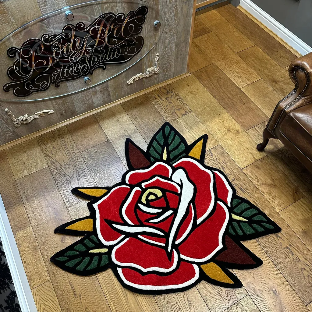 Red Rose Shaped Area Rug Living Room Low angle perspective of the Red Rose Traditional rug styled in a modern living room, adding a pop of romantic color and artistic flair to the wooden flooring.