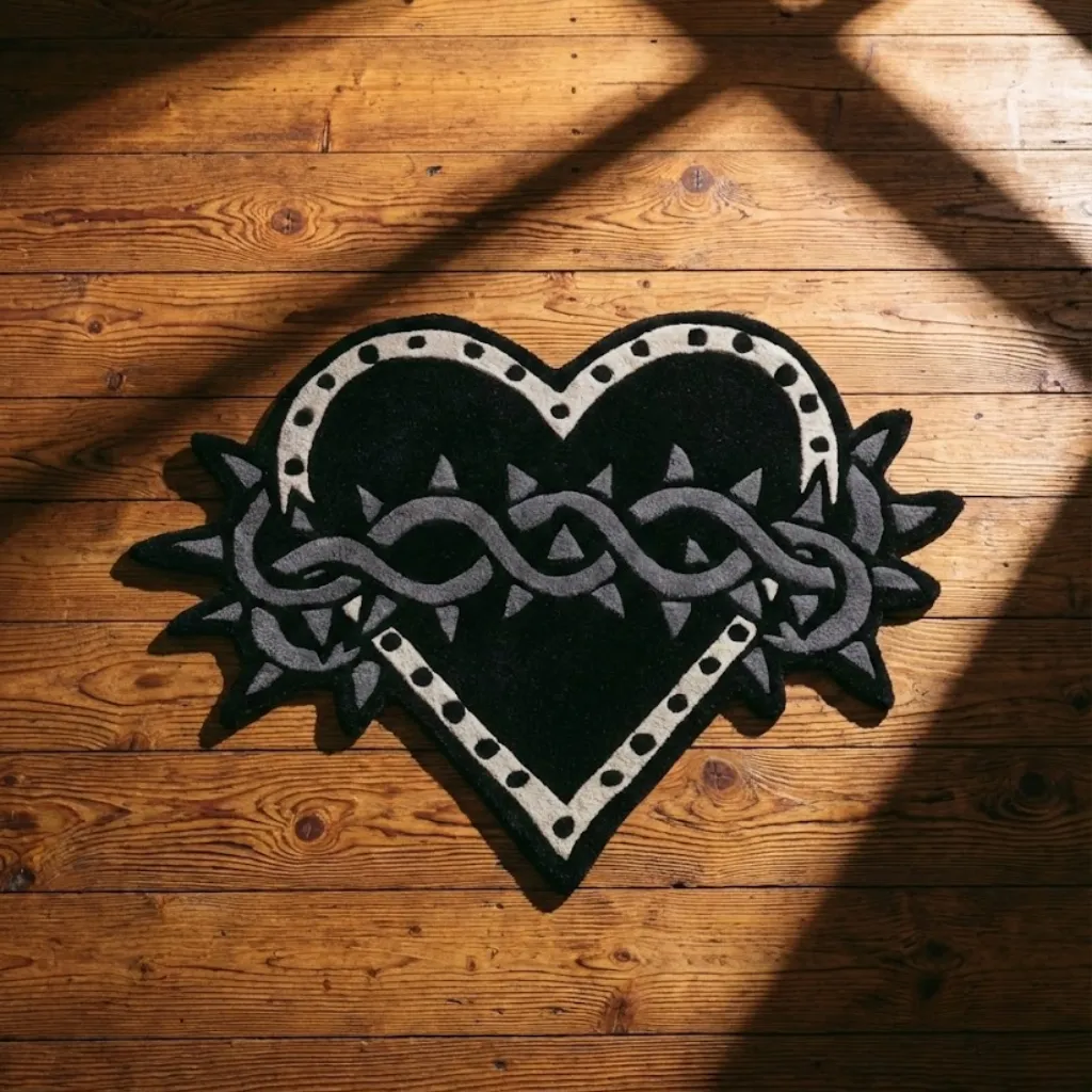 Top down view of the Thorned Heart rug featuring a black heart shape wrapped in grey barbed wire thorns with a white studded border, inspired by American traditional tattoo art.