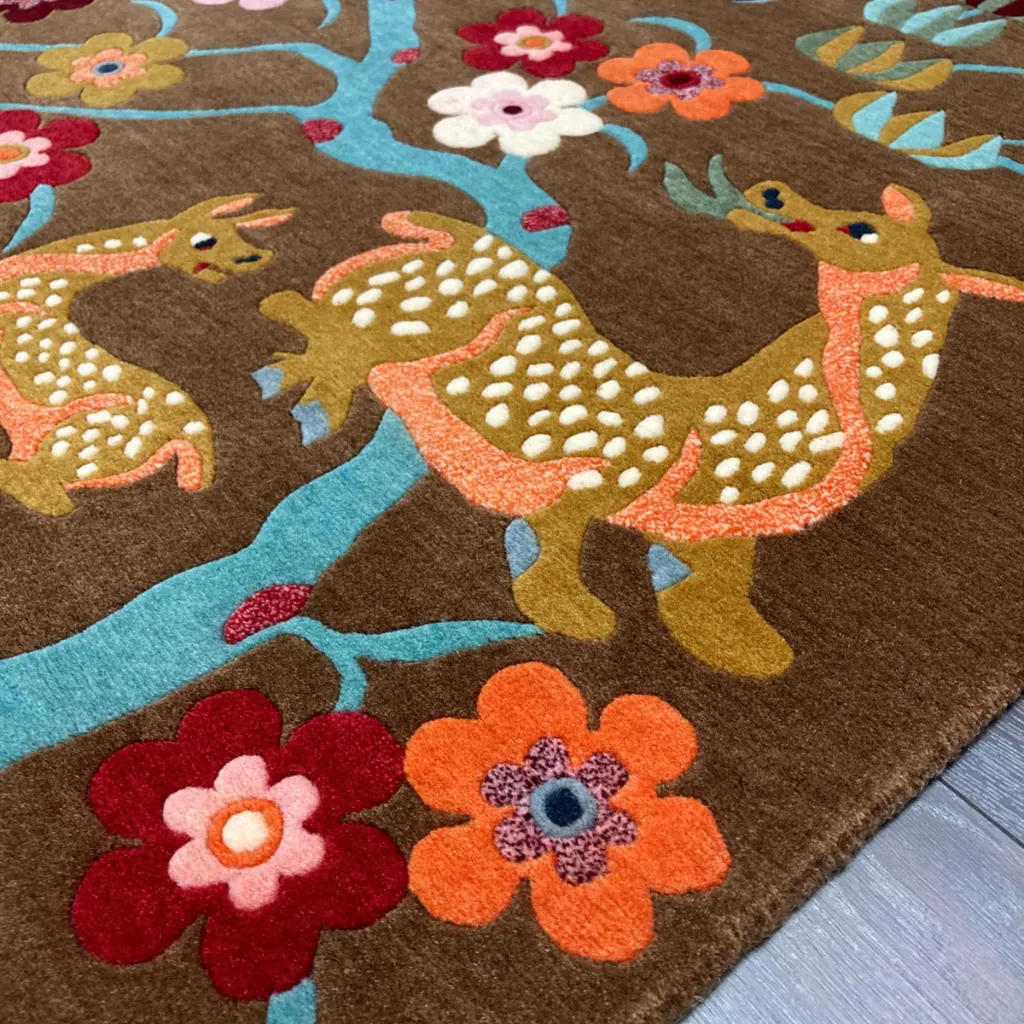 Angled view of the Earthen Story rug displaying the whimsical storytelling aesthetic with stylized animals and plants, perfect for a hallway or corridor.