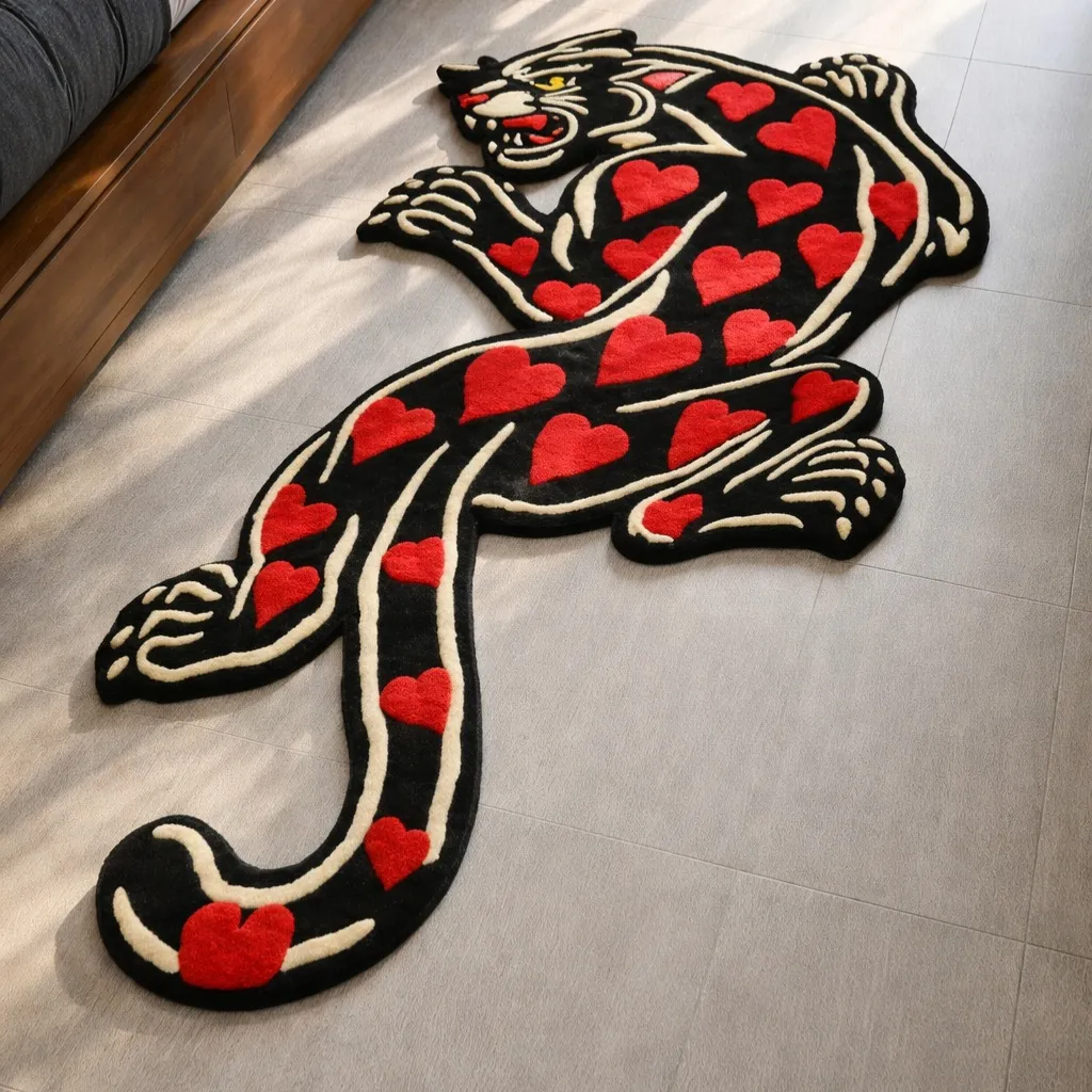 Angled view of the Amour Panther rug, highlighting the dense hand-tufted wool texture and the "Old School" tattoo aesthetic featuring stark black contrast against a rose-pink field.
