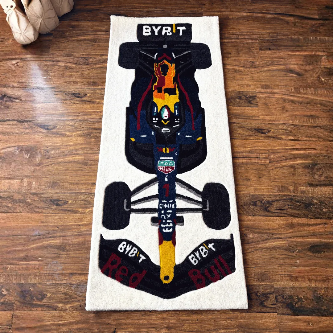 apex surge formula car runner rug Full top-down view of the Apex Surge runner rug showcasing a detailed Formula 1 race car design with the number 1 and sponsor logos on a cream background.