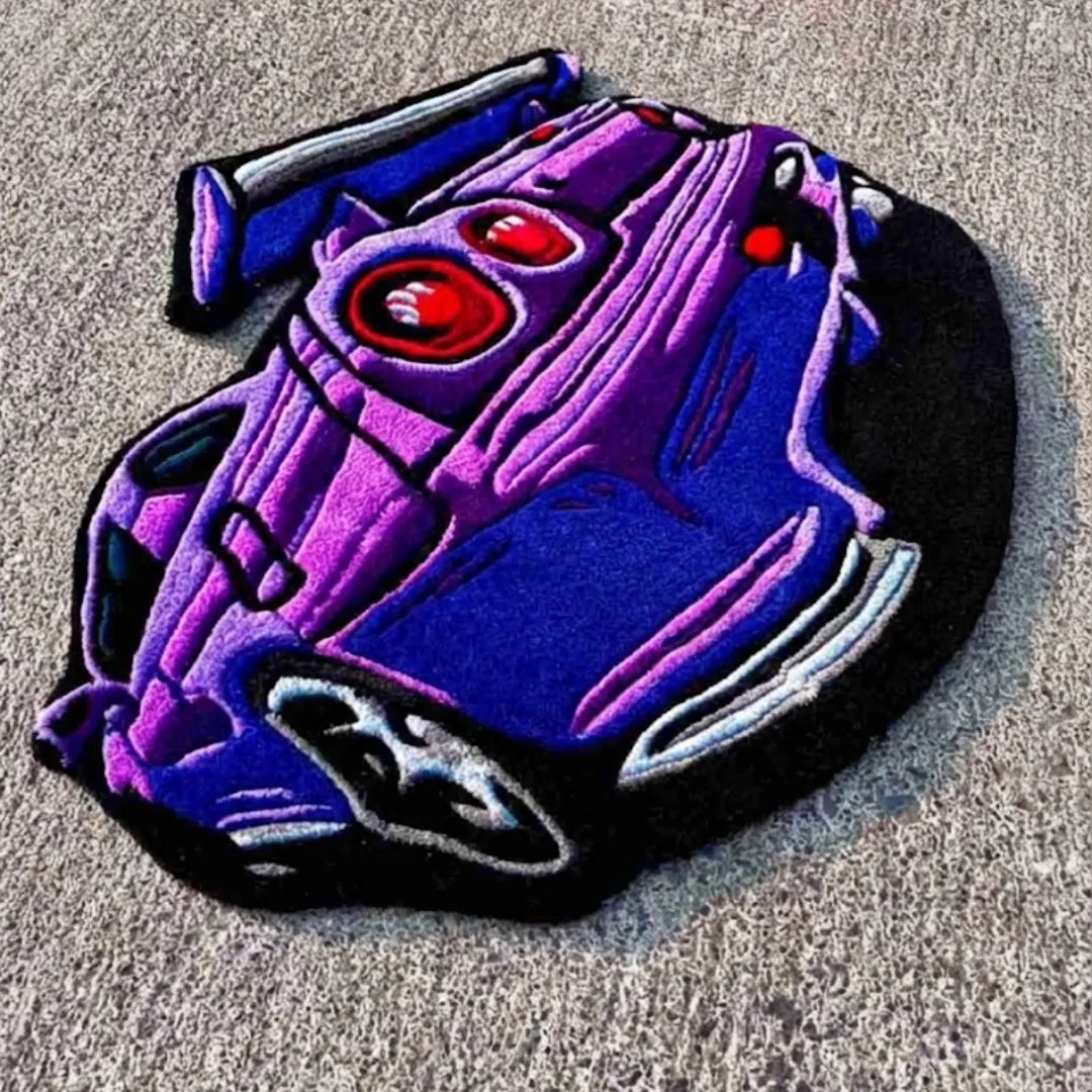 Angled side view of the Arrow Crest rug highlighting the precise hand-carved details of the wheels, exhaust, and side profile of the street racer design.