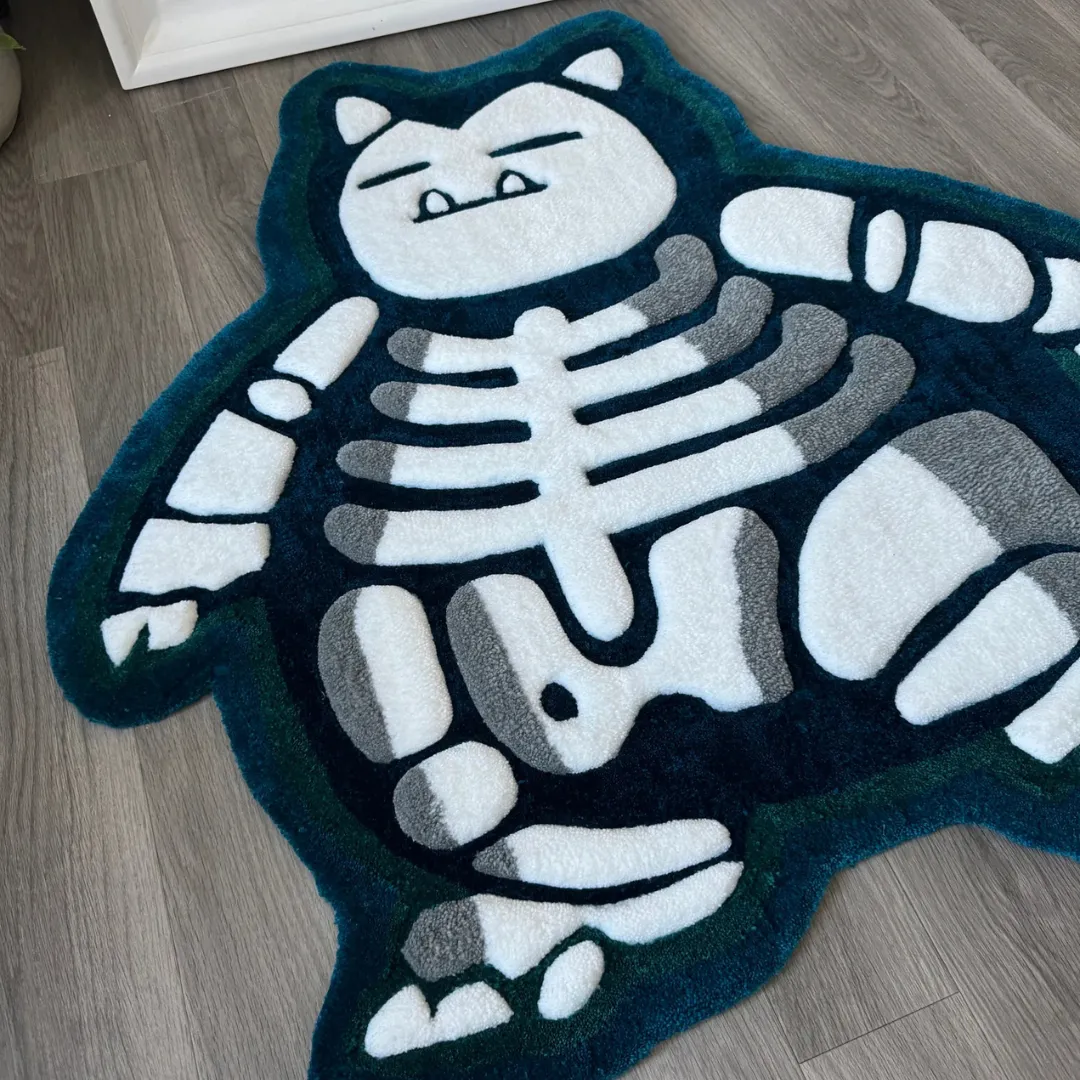 Full view of the Lazy Lax skeleton rug placed on a wooden floor, showcasing its unique irregular shape perfect for anime-inspired gaming rooms.