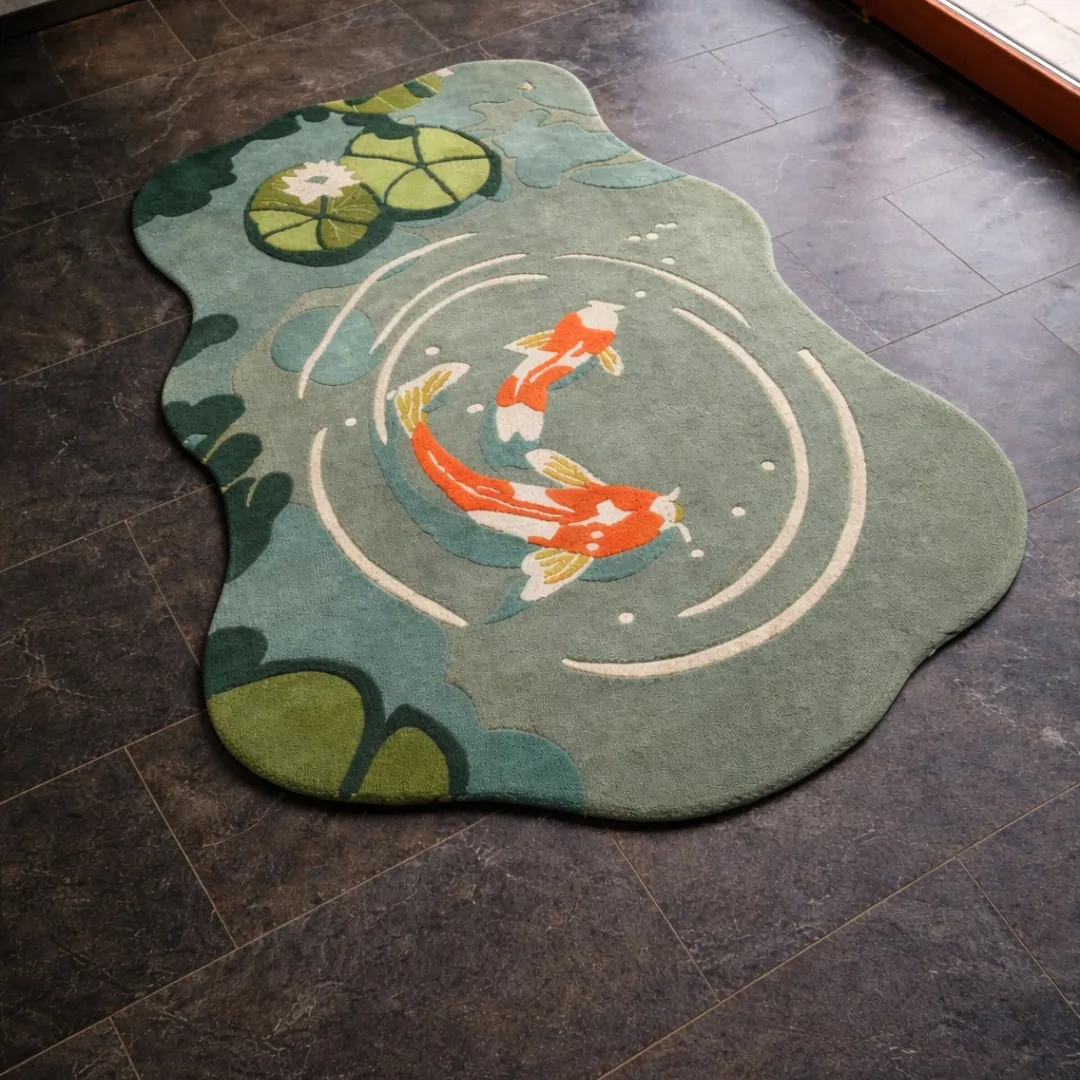Top down view of the Mizu Garden rug featuring a unique organic pond shape with swimming orange koi fish, lily pads, and water ripples on a sage green wool background.
