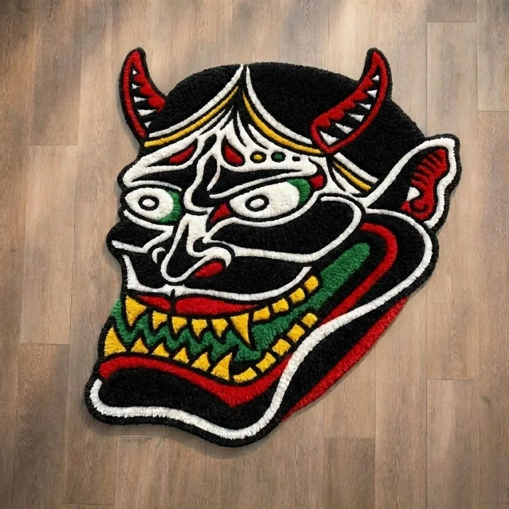 Close-up top down view of the Savage Spirit Hanny rug, featuring the fierce visage of a Japanese Hannya mask with sharp fangs, horns, and bold black tattoo-style shading.