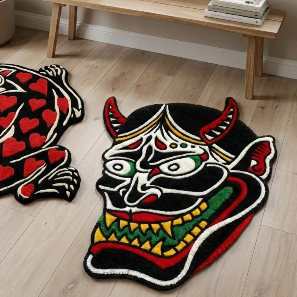 High angle view of the full Savage Spirit Hanny rug placed on a wooden floor, showcasing the unique die-cut shape of the demon mask design in a striking traditional tattoo aesthetic.