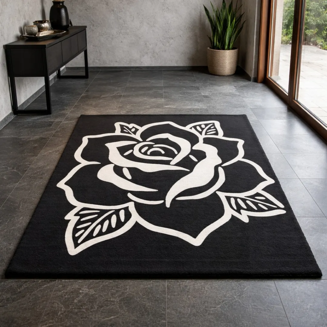 The Shadow Rose rug styled in a modern living space with grey tiles and minimalist furniture, showing how the black and white design anchors the room.