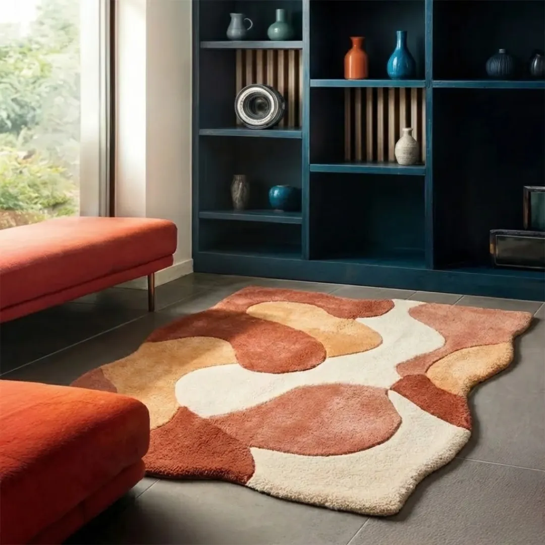 Perspective lifestyle view of the Aren Morph rug placed on a grey tile floor, styled next to a burnt orange velvet bench to highlight its unique wavy border and retro-inspired abstract design.