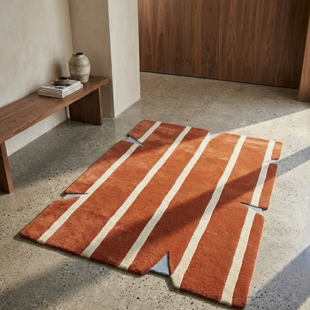 Perspective lifestyle view of the Bond Break rug placed on a polished concrete floor in a sunlit room, showcasing the striking striped pattern and the unique architectural notched edges.