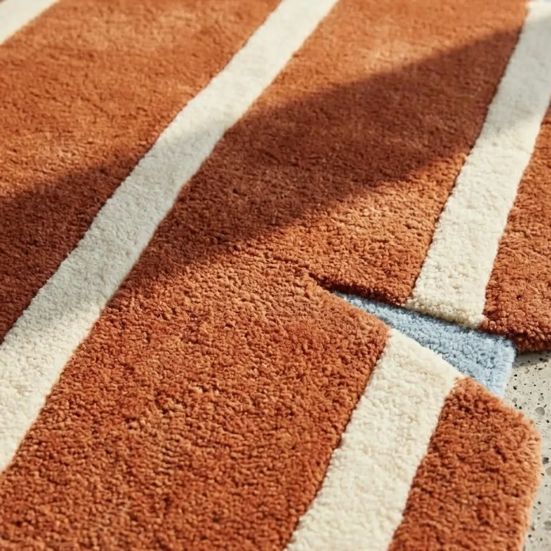 Close-up texture detail of the Bond Break rug, highlighting the dense, plush hand-tufted wool pile in terracotta and ivory, and the clean edge of a triangular notch revealing the light blue base.