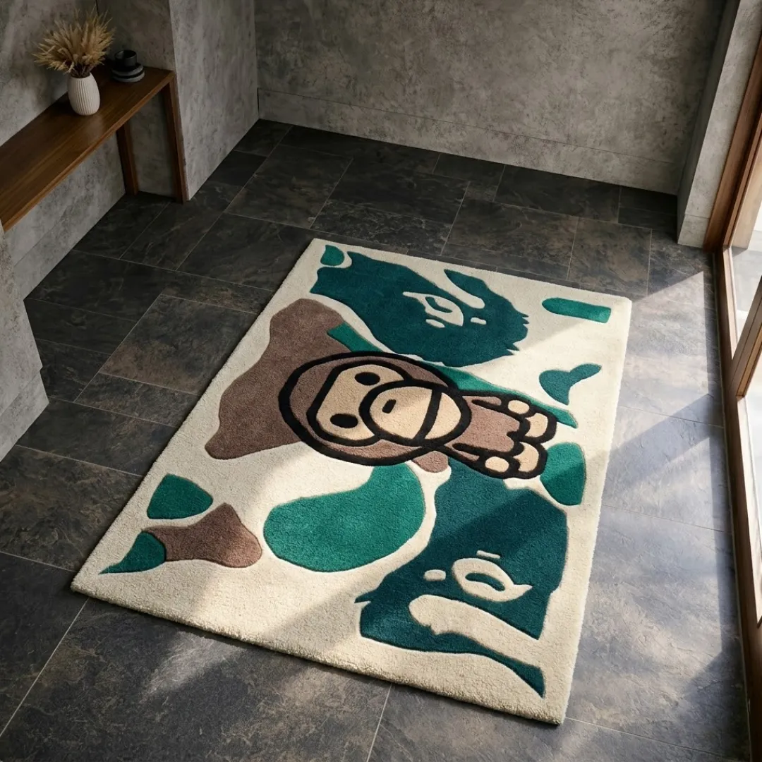 Perspective lifestyle view of the rectangular Camo Heritage rug placed on a dark grey tile floor in a modern entryway, showcasing its bold green, brown, and cream streetwear camouflage pattern with a prominent cartoon ape face character in the center.