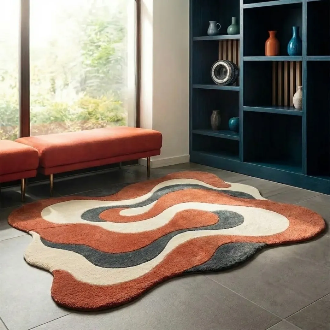 High-angle lifestyle view of the Cavaro Flow rug showcasing its dense, plush hand-tufted wool texture and the elegant, curved layout of its terracotta, grey, and cream waves in a bright, sunlit modern interior.