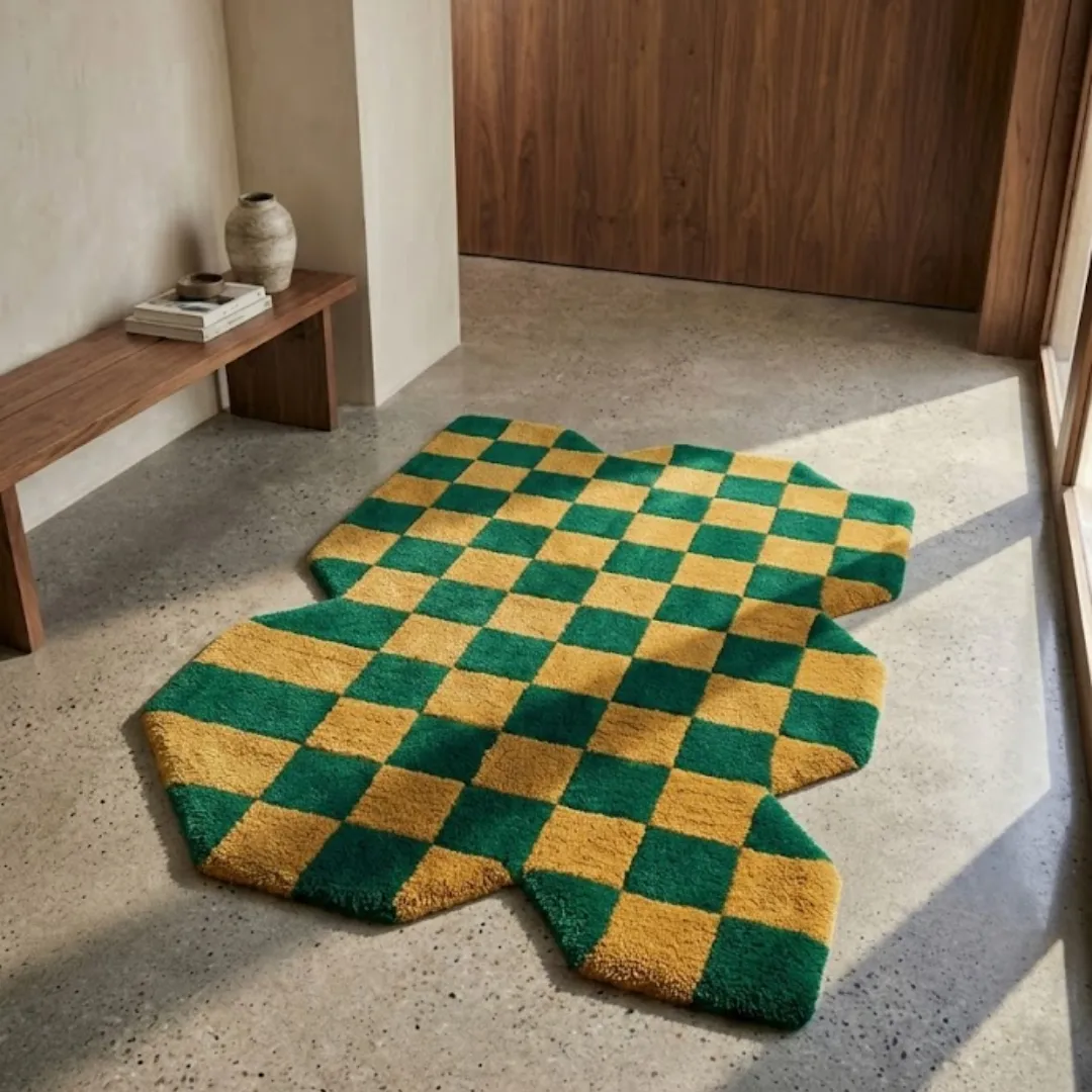 chess leaf grove lifestyle Perspective view of the Chess Leaf Grove rug placed on a polished concrete floor in a sunlit room, showcasing the vibrant green and gold checkerboard design and the artistic irregular shape.