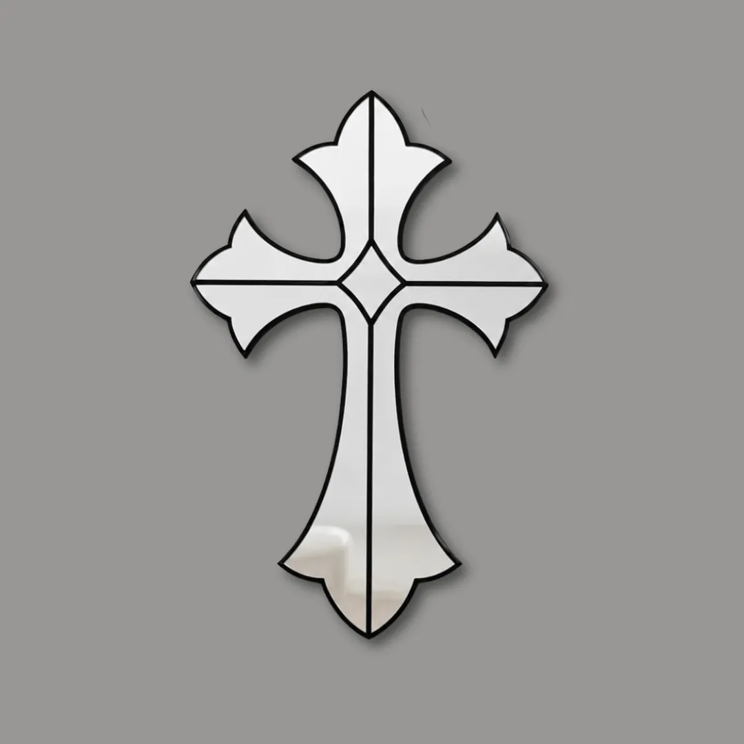 Stylized gothic cross-shaped mirrors with thick black outlines lying flat against a light grey background.