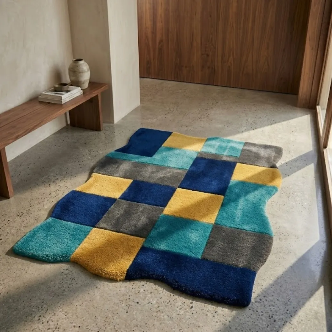 harbor mosaic rug lifestyle Perspective lifestyle view of the Harbor Mosaic rug placed on a polished concrete floor in a sunlit room, showcasing its organic wavy border and bold colorful patchwork pattern.