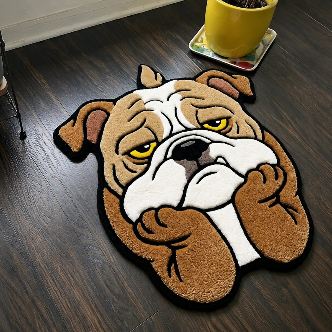 melancholy paws rug side angle view Melancholy Paws cute bulldog character tufted area rug displayed flat on a dark wooden floor.
