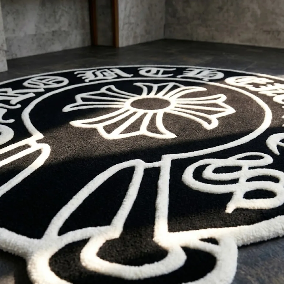 Close-up low-angle view of the Midnight Noir Crest rug, highlighting the dense black and white hand-tufted wool pile and the crisp carved details of the central cross, with a sharp shadow cutting across the texture.
