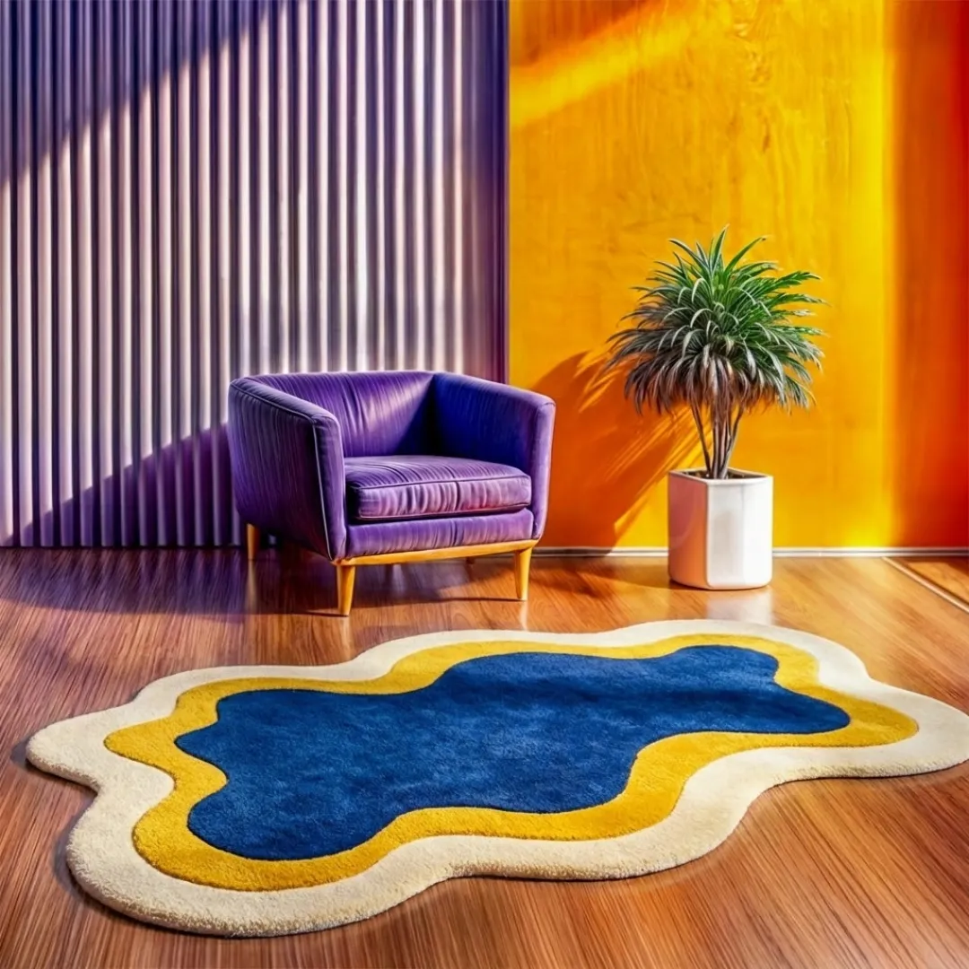 Perspective lifestyle view of the Noctail Glow rug placed on a polished wooden floor in a retro-inspired room, styled with a purple armchair and vibrant orange walls to highlight its unique wavy border and bold contrasting colors.