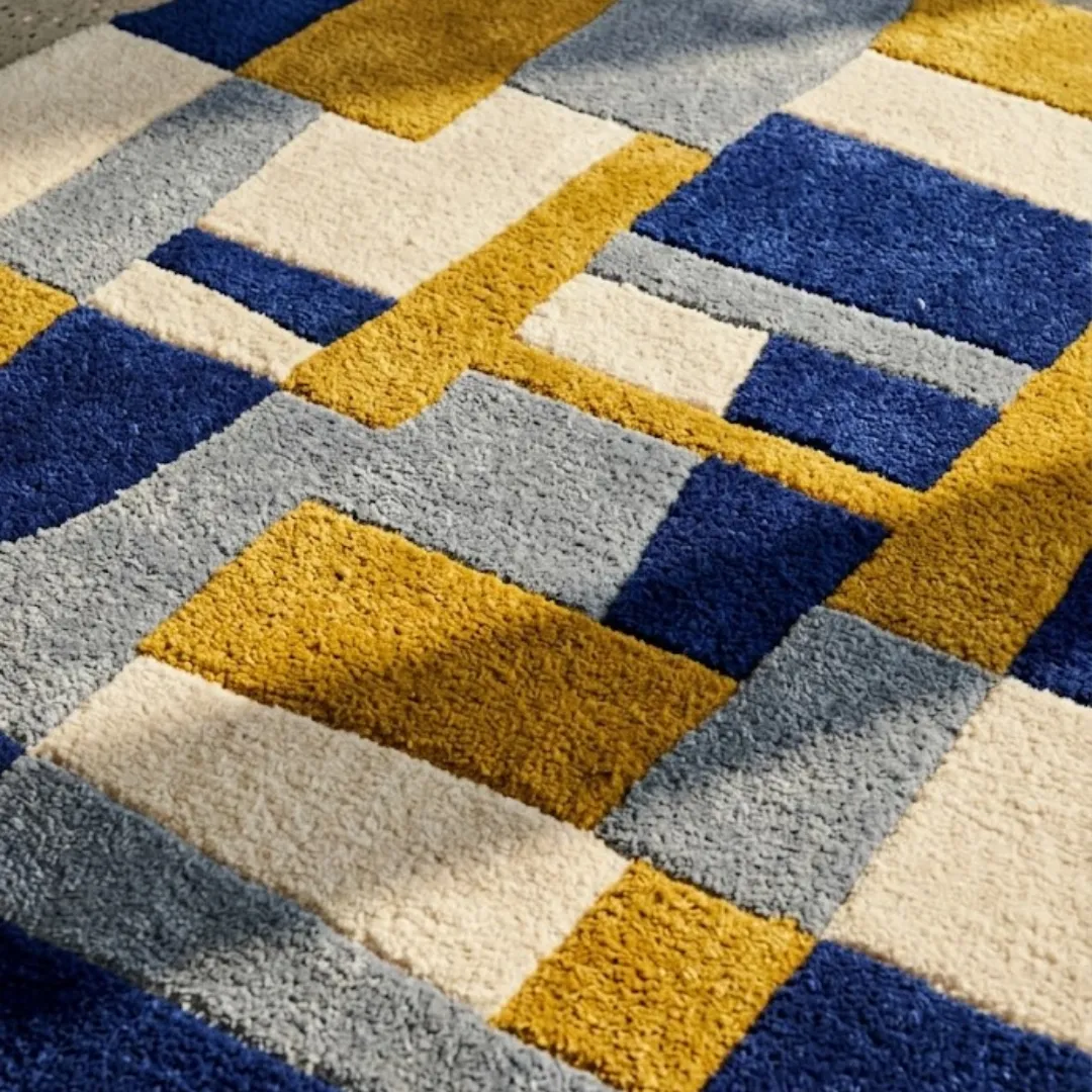 offset frame rug texture Close-up texture detail of the Offset Frame rug, highlighting the dense, plush hand-tufted wool pile in vibrant blue, mustard yellow, and light grey geometric sections.