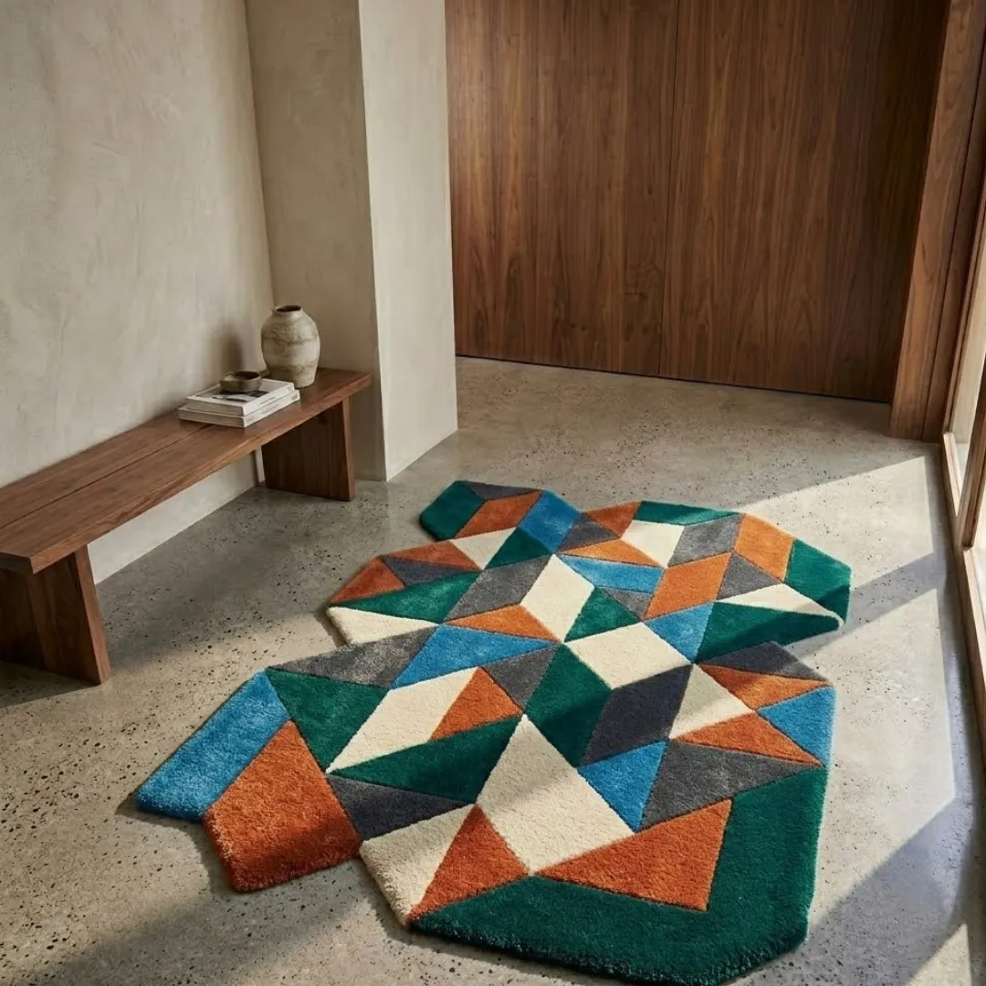 prism nomad rug lifestyle Perspective lifestyle view of the Prism Nomad rug placed on a polished concrete floor in a sunlit modern room, highlighting the bold multi-colored triangular mosaic design and its unique architectural shape.