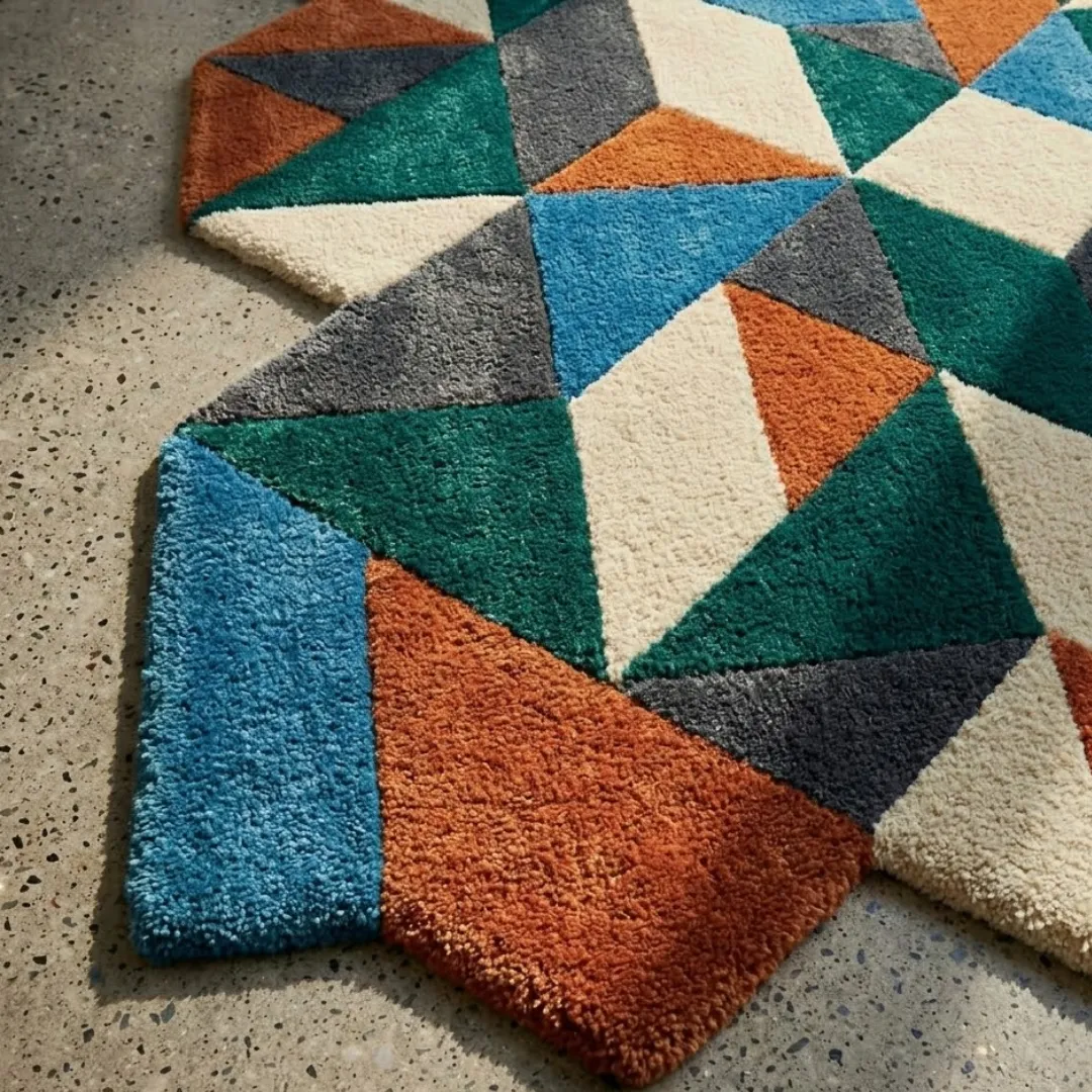prism nomad rug texture Close-up texture detail of the Prism Nomad rug, emphasizing the dense, plush hand-tufted wool pile and the clean, sharp lines separating the vibrant blue, orange, and green geometric sections.