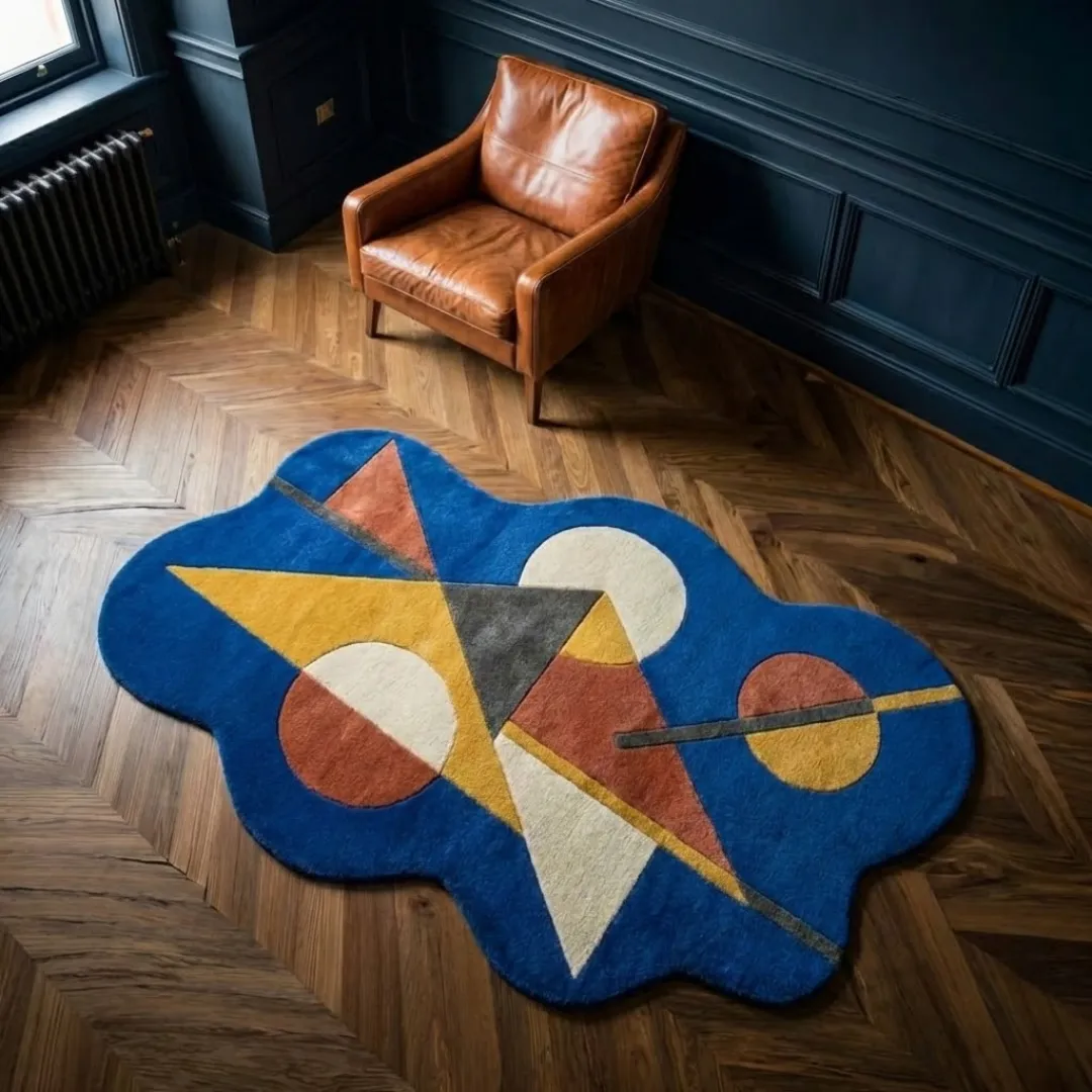 High-angle lifestyle view of the Prisma Axis rug, highlighting the plush hand-tufted wool texture and the interplay of bold primary colors and organic, wavy edges in a sunlit interior.