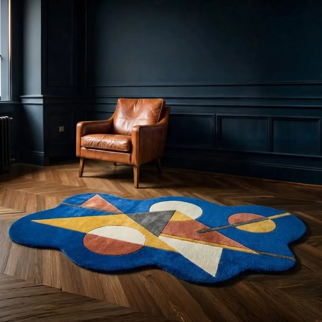 Perspective lifestyle view of the Prisma Axis rug on a dark wood herringbone floor in a modern room with dark blue walls and a leather armchair, showcasing the rug's artistic irregular shape.