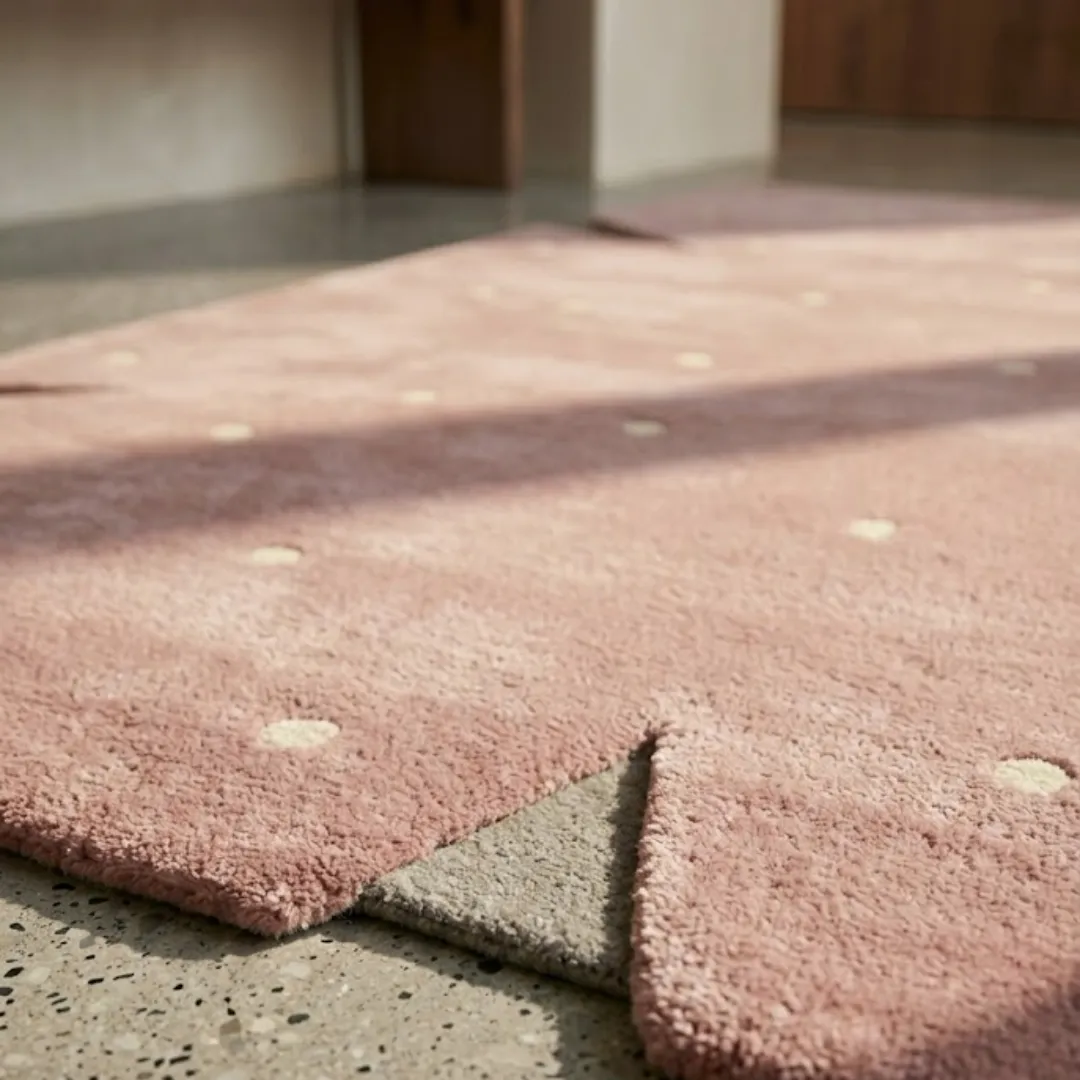 rosie stone rug texture Close-up texture detail of the Rosie Stone rug, highlighting the dense, plush hand-tufted wool pile in muted rose and the clean edge of a triangular notch revealing the grey base.
