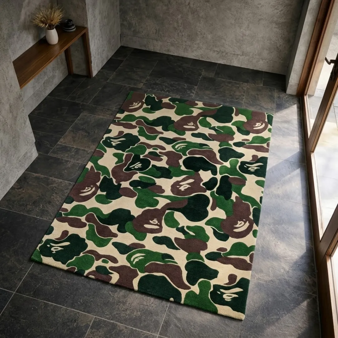 Top-down view of the rectangular Shadowfield Camo Terrain rug, showcasing its bold streetwear-inspired camouflage design featuring signature ape head silhouettes embedded within the green, brown, and beige shapes.