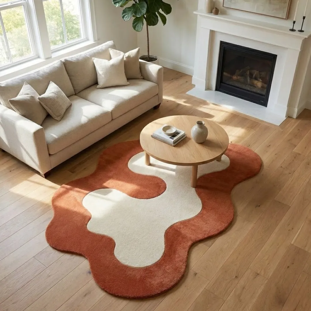A high-angle lifestyle view of the Terrand Form rug, showcasing its plush, hand-tufted wool texture and the elegant, curved contrast between the rich terracotta and soft cream sections in a sunlit interior.