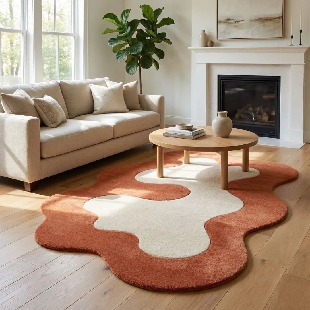 Perspective lifestyle view of the Terrand Form rug placed on a light wooden floor in a modern living room, styled under a round wooden coffee table with a neutral sofa and fireplace in the background.