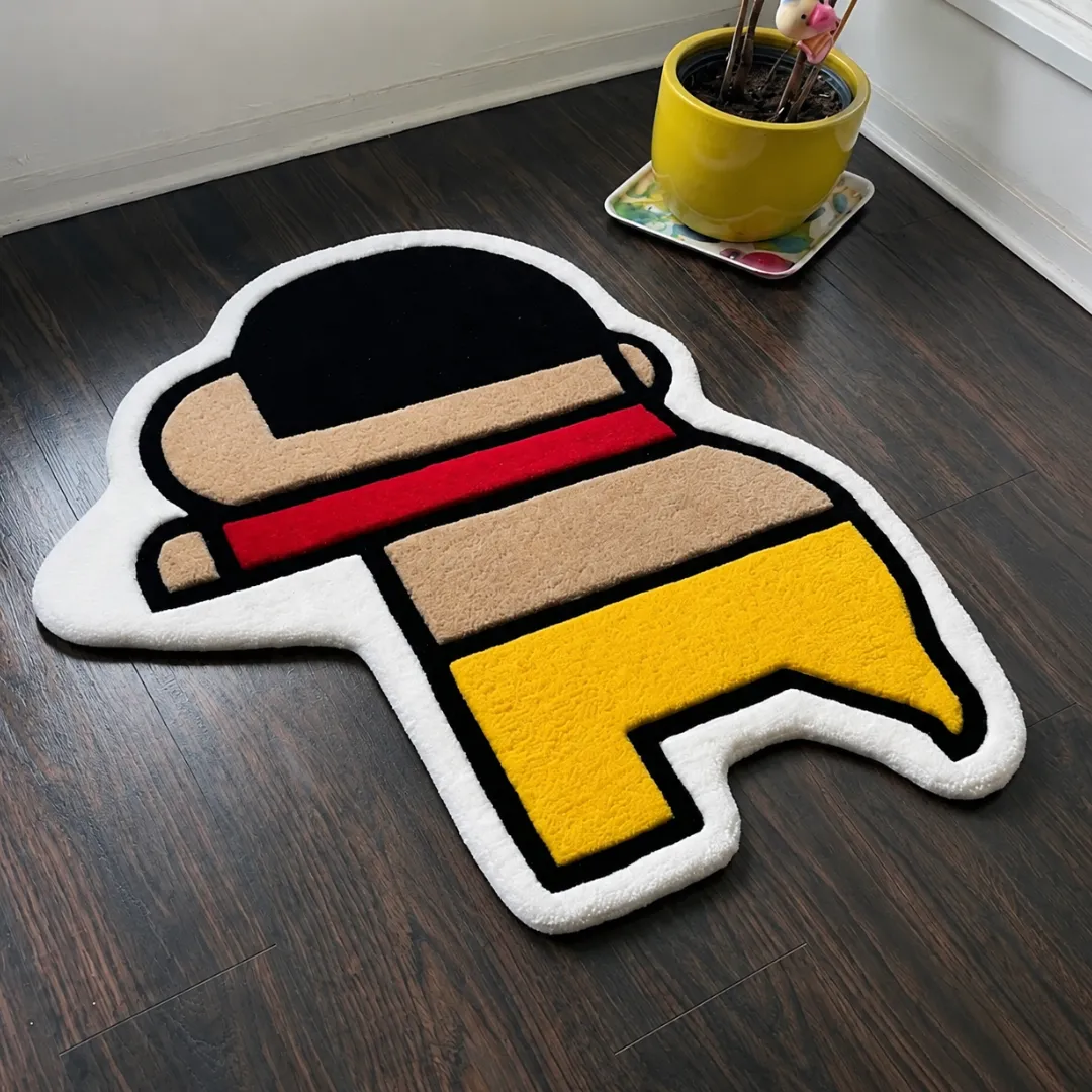 Angle view of the handmade Tiny Trouble tufted rug showcasing its unique contours and vibrant color blocks.