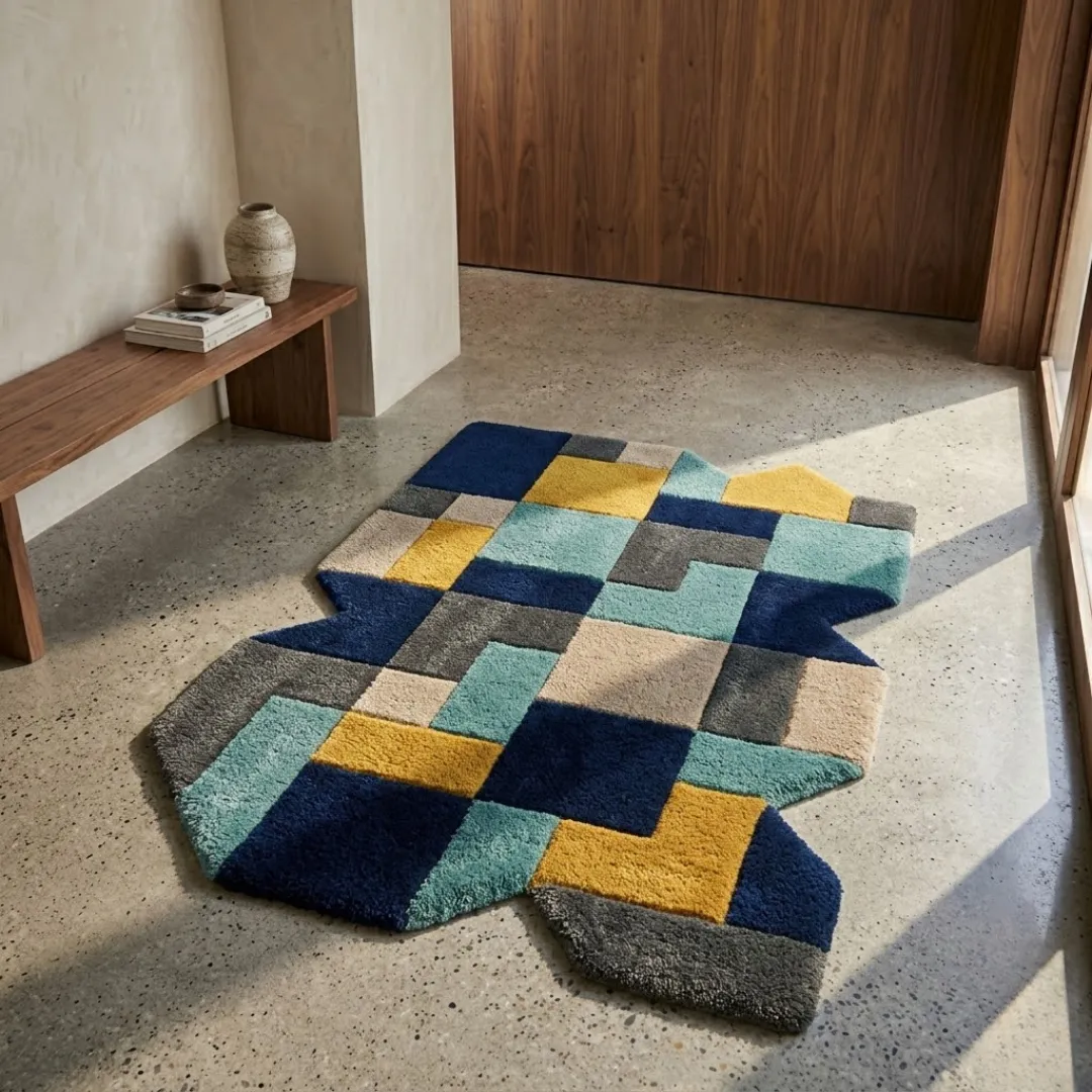 Perspective lifestyle view of the Urban Relic rug placed on a polished concrete floor, showcasing the bold repeating geometric pattern and the unique, structured irregular border under natural sunlight.