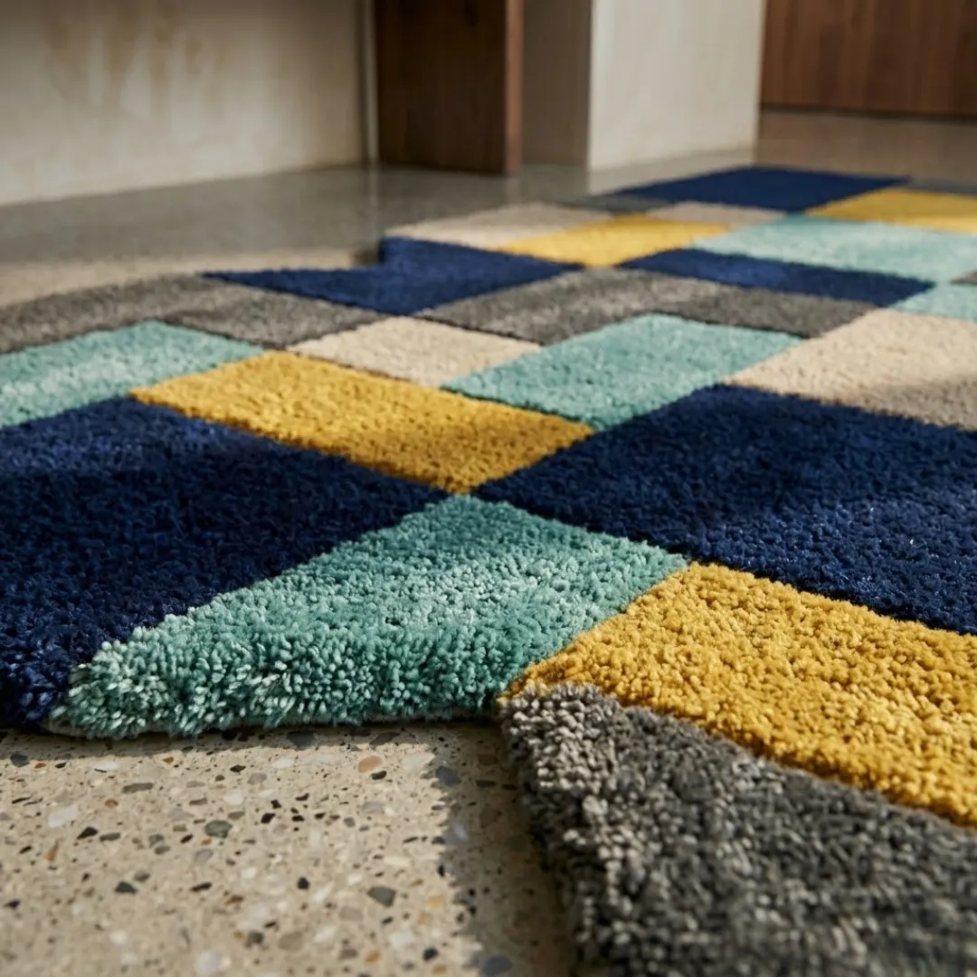 Close-up texture detail of the Urban Relic rug, highlighting the plush hand-tufted wool piles and the deeply carved lines that separate the vibrant teal, yellow, and blue geometric sections.