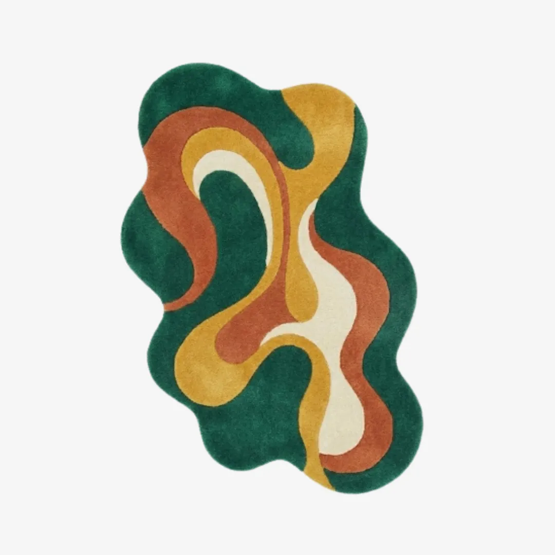Top-down view of the Viral Wave rug featuring a fluid, organic wavy silhouette and a dynamic abstract swirling pattern in forest green, terracotta, mustard yellow, and cream.