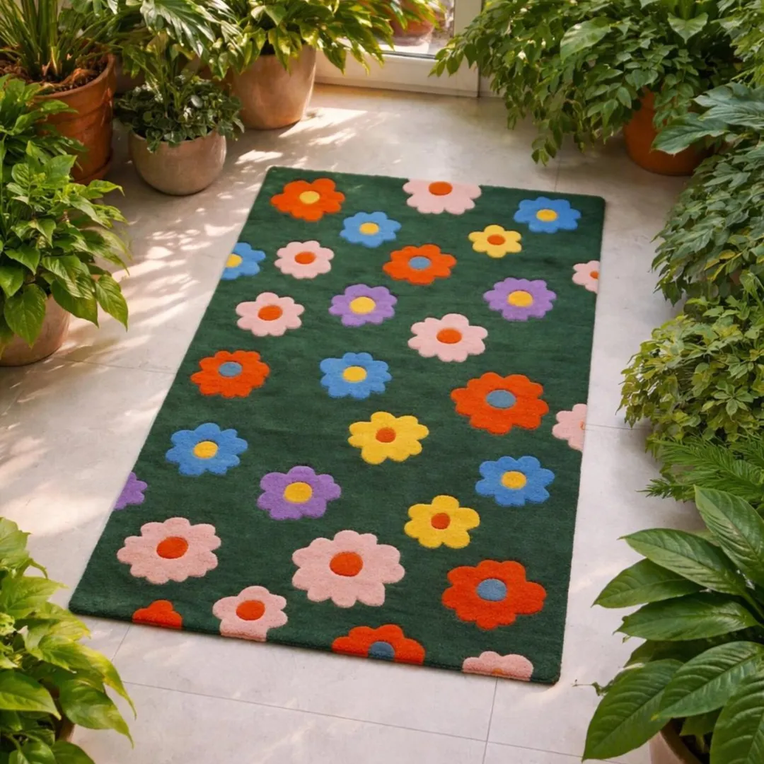 Top-down view of the rectangular Daisy Bloom Rug placed on a light tile floor surrounded by lush green potted plants in a bright, sunlit room. The tufted rug features a dark green background scattered with colorful daisy flowers in pink, orange, blue, yellow, and purple.