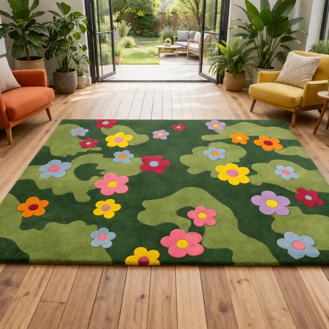 An angled view of the rectangular Daisy Meadow Rug placed on a hardwood floor in a sunlit room with indoor plants and colorful accent chairs. The tufted rug features a wavy two-tone green background scattered with bright, multicolored daisy flowers.
