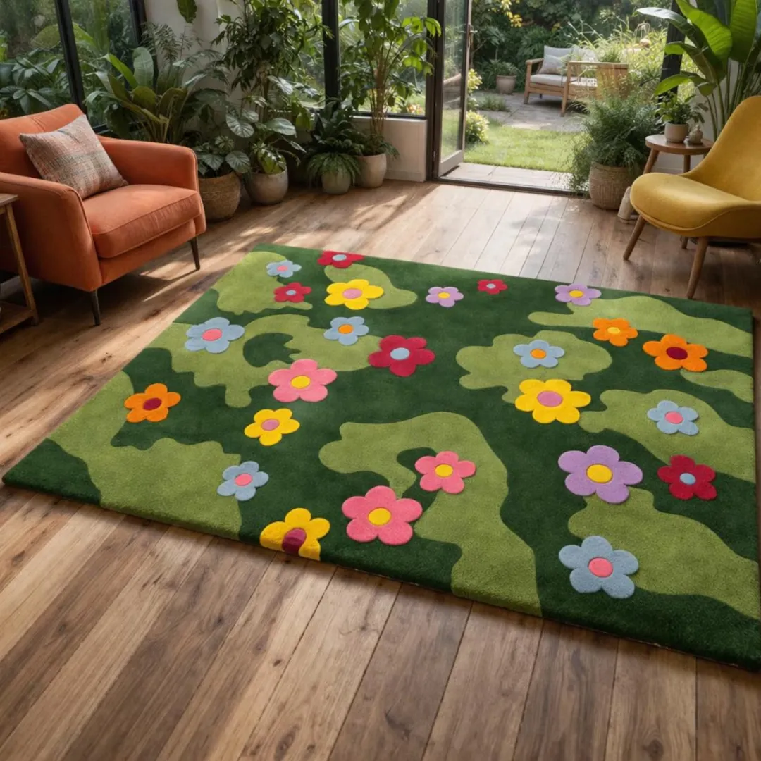 A low-angle shot of the vibrant Daisy Meadow Rug on a wooden floor, with a view looking out through open glass patio doors into a garden. The rug's thick tufted texture and colorful floral pattern stand out in the natural light.