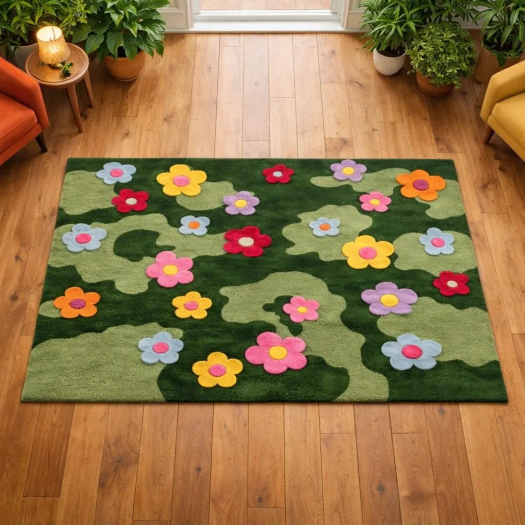 An overhead perspective of the Daisy Meadow Rug styled in a cozy living space on a wooden floor, flanked by an orange armchair, a yellow chair, and various potted houseplants.