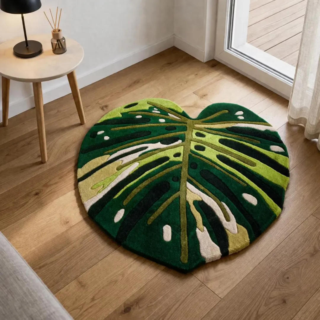 Top-down view of the Leafline Monstera Rug on a light wood floor next to a small white side table. The hand-tufted rug features a vibrant green tropical leaf design with dark green, light green, and cream-colored accents.