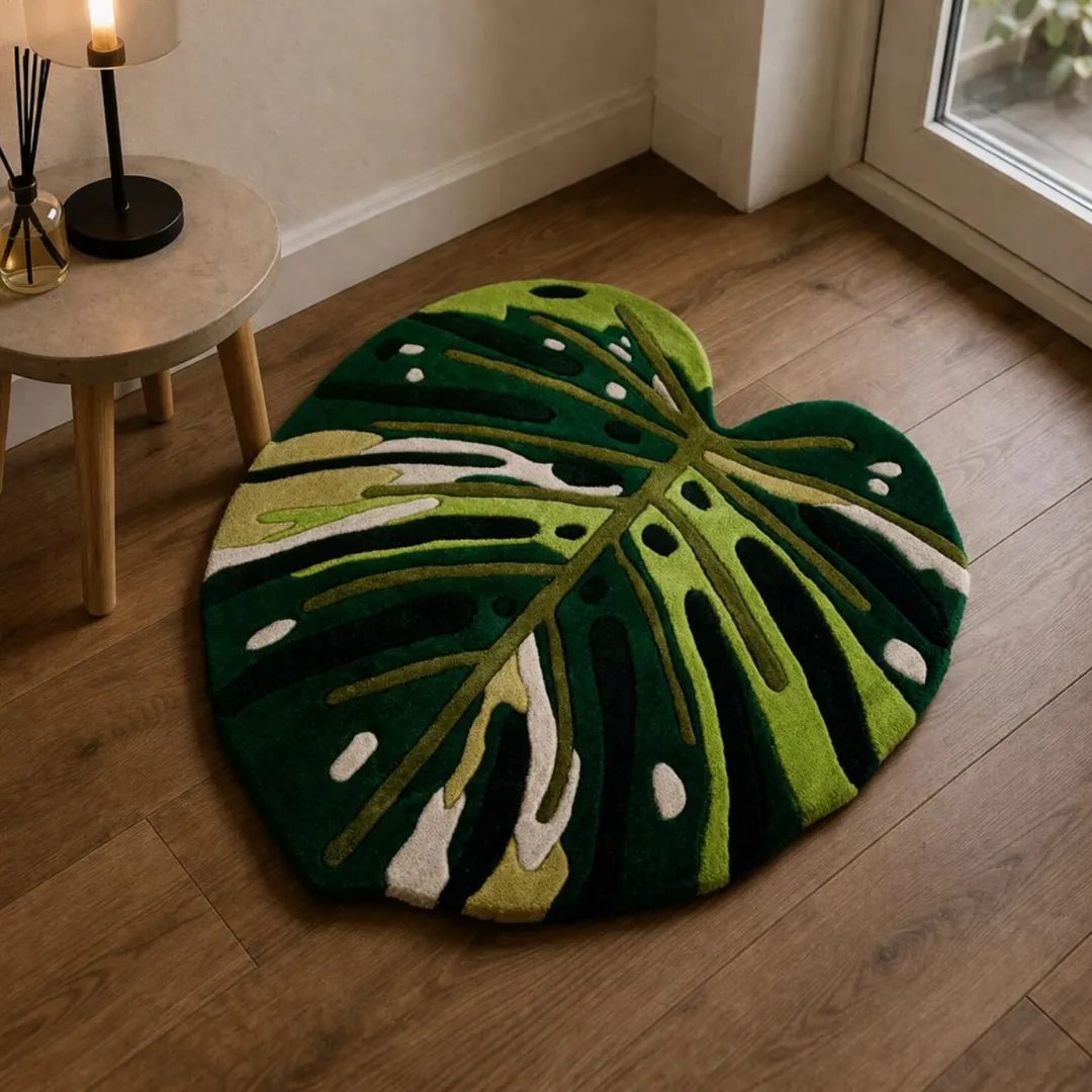 Overhead shot of the tufted Leafline Monstera Rug styled on a wooden floor beside a decorative side table. The rug is cut into the shape of a large, multi-toned green tropical monstera leaf.