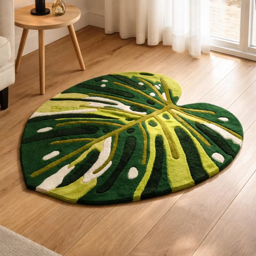 The Leafline Monstera Rug placed in a bright, sunlit living room with a wooden media console and large glass sliding doors. The tropical leaf-shaped rug shows off its textured yarn detailing in shades of dark green, lime, and white.