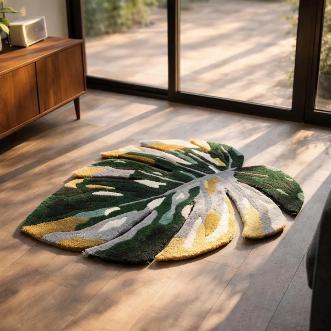 The variegated Monstera Tropical Rug resting on a hardwood floor bathed in natural sunlight. Placed in a modern living room next to large glass doors and a wooden console, the rug showcases its custom tropical leaf shape and textured yarn.