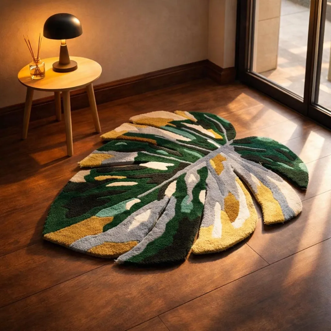 Top-down view of the hand-tufted Monstera Tropical Rug placed on a dark wood floor beside a white side table. The custom cut-out rug features a beautifully variegated split leaf design in shades of deep green, mustard yellow, grey, and cream.