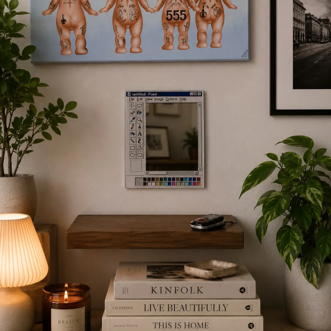 An interior lifestyle shot of a Paint Window mirror mounted on a light-colored wall above a wooden floating shelf, styled with books, a lit candle, a lamp, and a houseplant, reflecting a room interior.